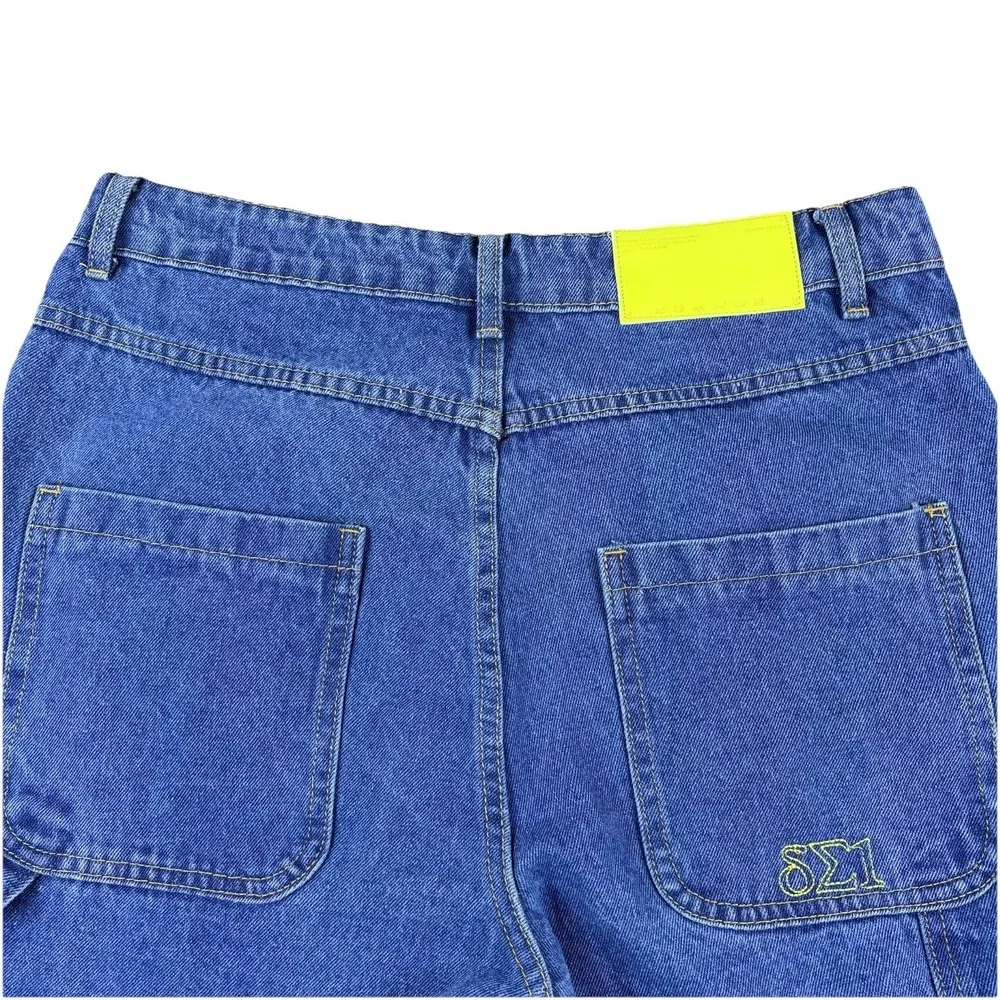 Mens Denim Cargo Jeans Blue‎ Medium Wide Leg Snaps Streetwear Utility Y2K Skater